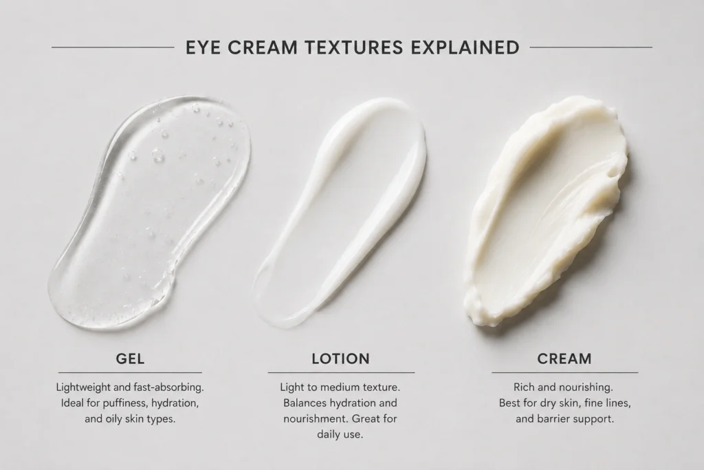 Three different eye cream textures including gel lotion and rich cream smeared on a sterile surface