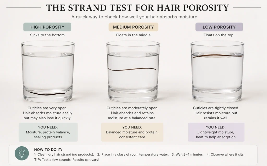 Visual chart showing high, medium, and low hair porosity test in glasses of water
