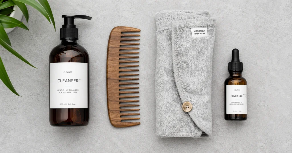 Minimalist layout of a wooden comb, shampoo bottle, and microfiber towel for a hair care routine