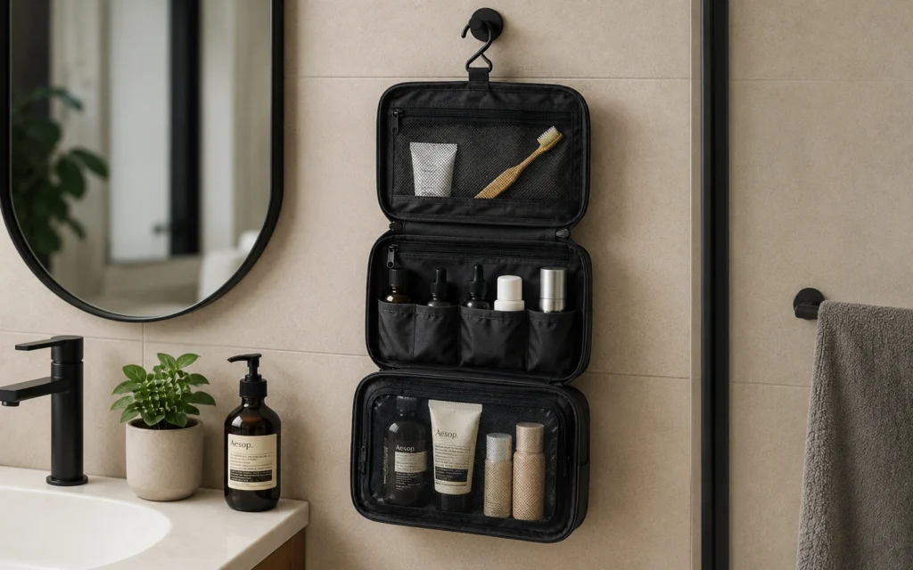 Hanging toiletry bag with waterproof lining in hotel bathroom