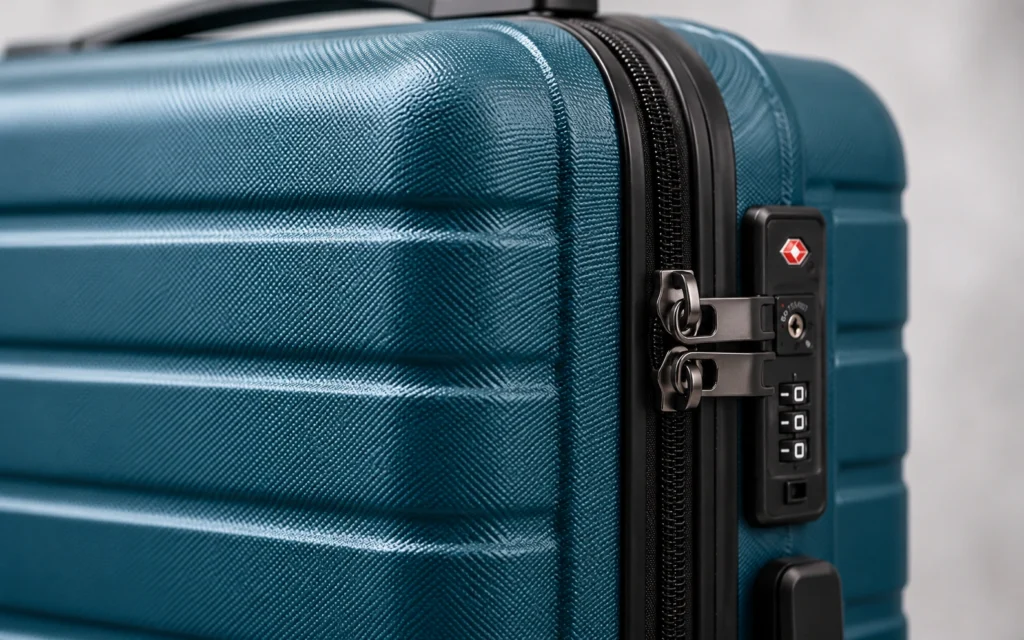 hard shell polycarbonate suitcase zipper and lock detail