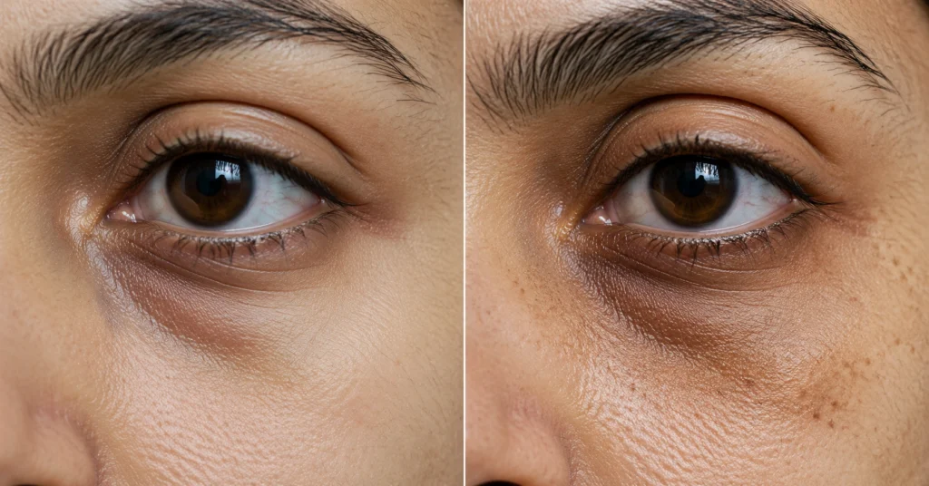 Side by side macro view of structural under-eye hollow shadows and hyperpigmented dark circles under natural light