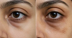 Side by side macro view of structural under-eye hollow shadows and hyperpigmented dark circles under natural light