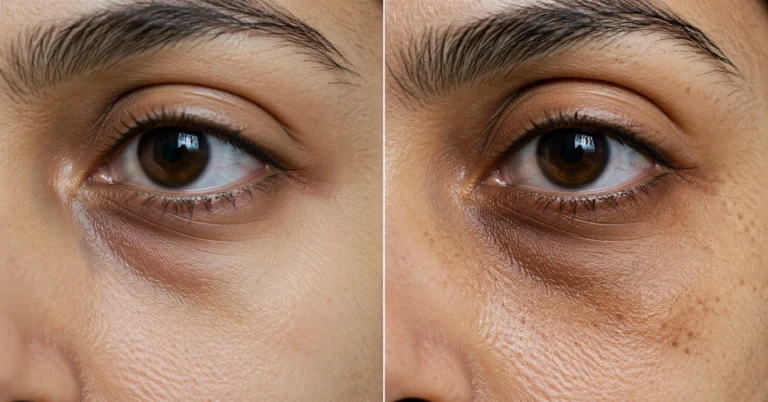 Side by side macro view of structural under-eye hollow shadows and hyperpigmented dark circles under natural light