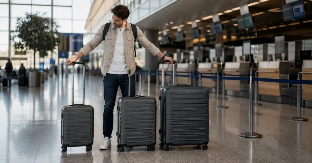 Traveler comparing suitcase sizes before choosing luggage