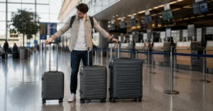 Traveler comparing suitcase sizes before choosing luggage