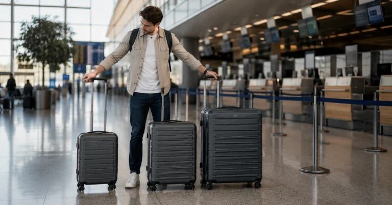 Traveler comparing suitcase sizes before choosing luggage