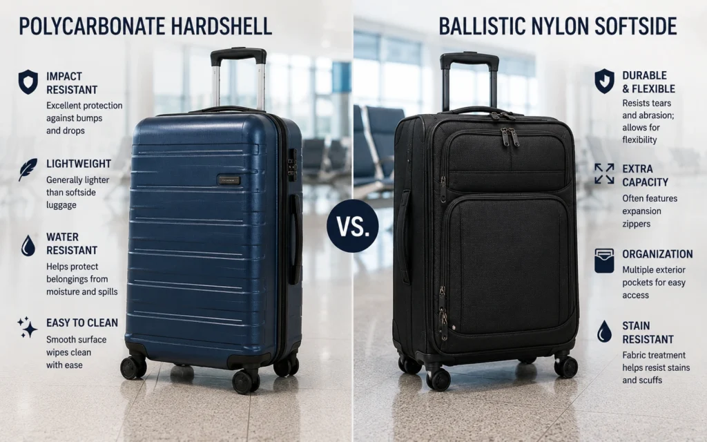 Hardshell polycarbonate suitcase next to ballistic nylon softside luggage showing material differences