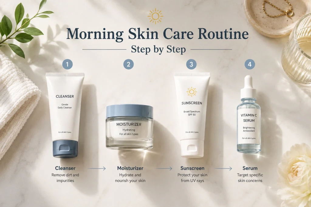 Essential products used in a beginner morning skin care routine