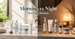 Morning and night skin care products arranged side by side to show routine differences