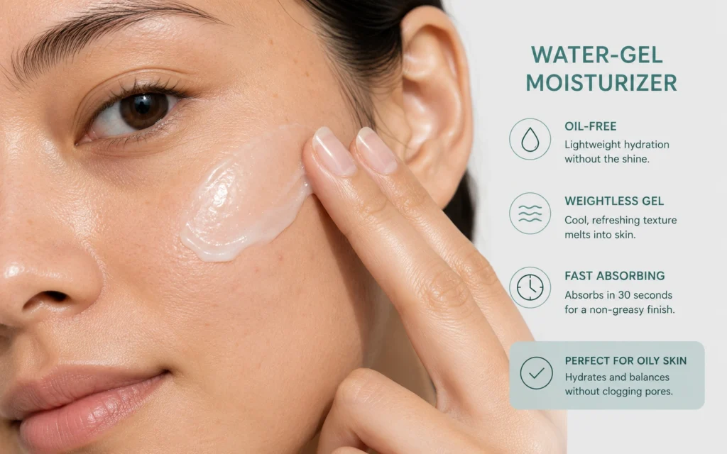 Oil-free water-gel moisturizer texture on oily skin — non-greasy, absorbs in 30 seconds