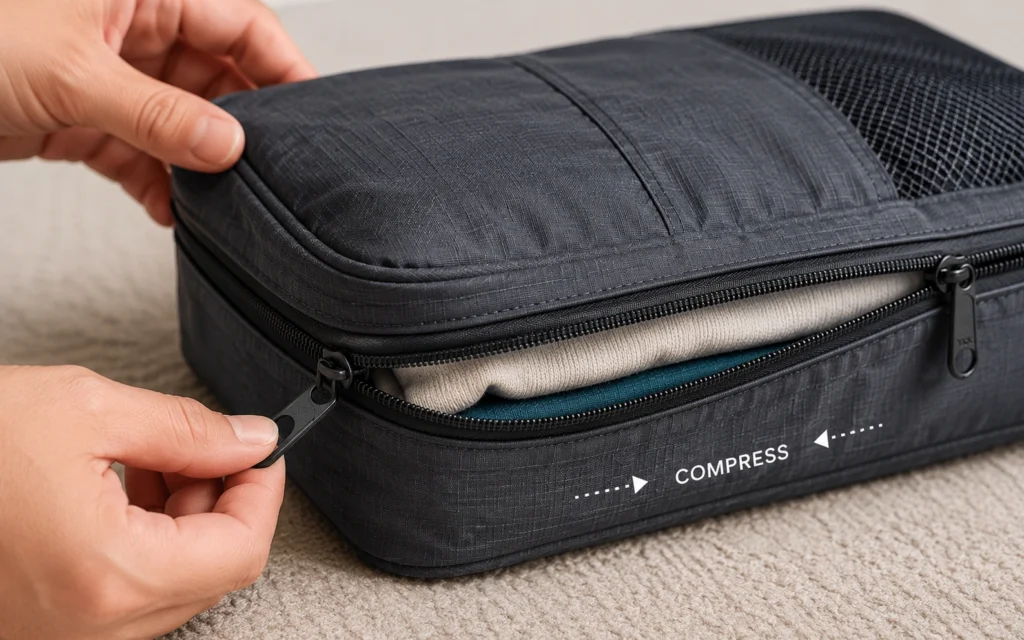 “Compression zipper on a packing cube demonstrating space-saving mechanism