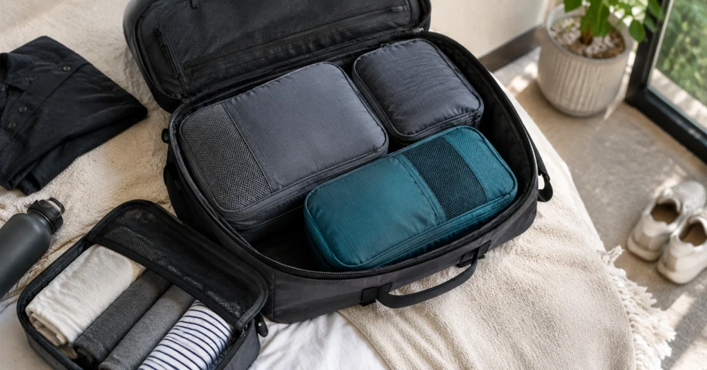 “Three packing cubes inside a carry-on backpack—large, medium, small—showing standard vs compression options