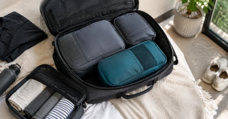 “Three packing cubes inside a carry-on backpack—large, medium, small—showing standard vs compression options