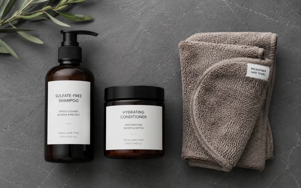 Flat lay of sulfate-free shampoo, hydrating conditioner, and microfiber towel for a practical hair care routine