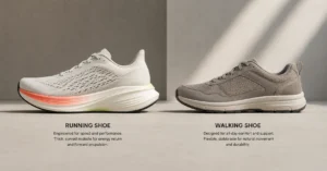 Side-by-side comparison of a highly cushioned running shoe and a flexible flat walking shoe highlighting sole differences