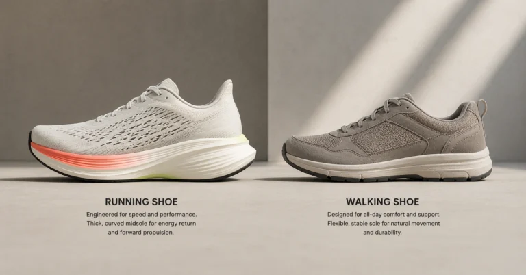 Side-by-side comparison of a highly cushioned running shoe and a flexible flat walking shoe highlighting sole differences