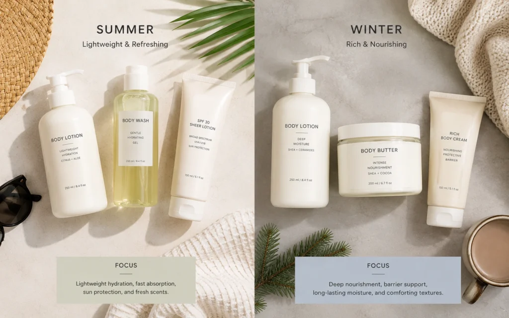 Seasonal body care products arranged showing lighter lotions for summer and richer butters for winter months