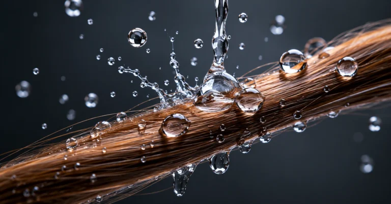Macro photography of water droplets on a single hair strand demonstrating hydration and cuticle structure
