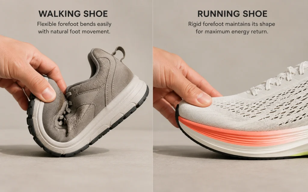 Detailed close up showing the flexibility test of a running shoe sole versus a walking shoe sole