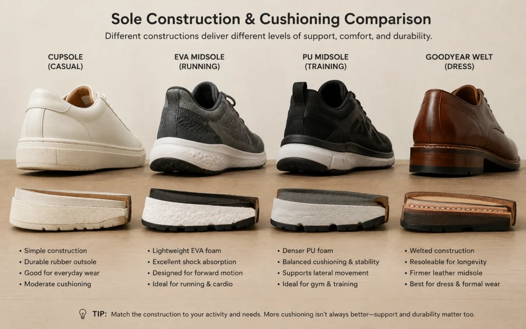 Running shoe cushioning compared with casual and dress shoe construction