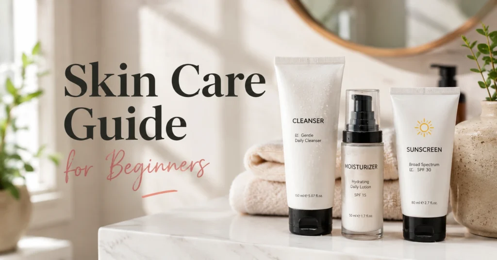 Beginner following a simple skin care routine with cleanser moisturizer and sunscreen
