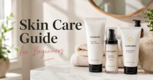 Beginner following a simple skin care routine with cleanser moisturizer and sunscreen