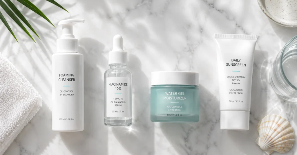 4-step skin care routine for oily skin: foaming cleanser, niacinamide treatment, oil-free moisturizer, SPF 46 sunscreen