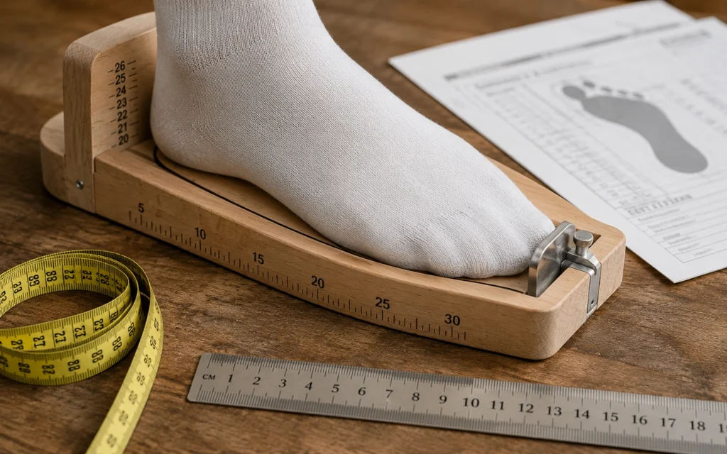 Measuring foot length using a shoe last and ruler to determine sneaker fit