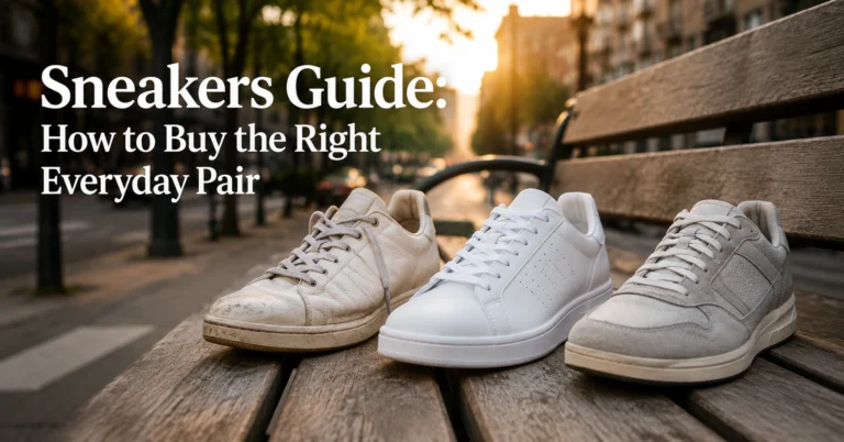 Three everyday sneakers on a bench — new, worn, and mid-wear illustrating fit and wear patterns