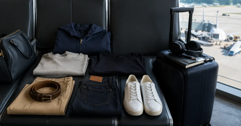 Travel accessories arranged beside carry-on luggage before departure