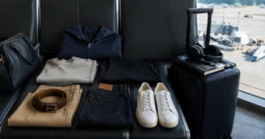 Travel accessories arranged beside carry-on luggage before departure