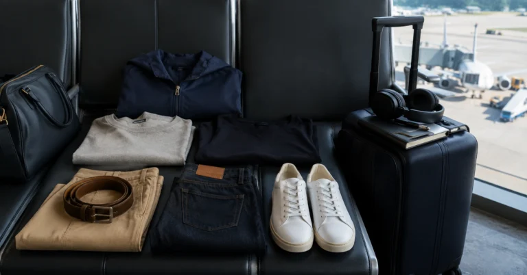 Travel accessories arranged beside carry-on luggage before departure