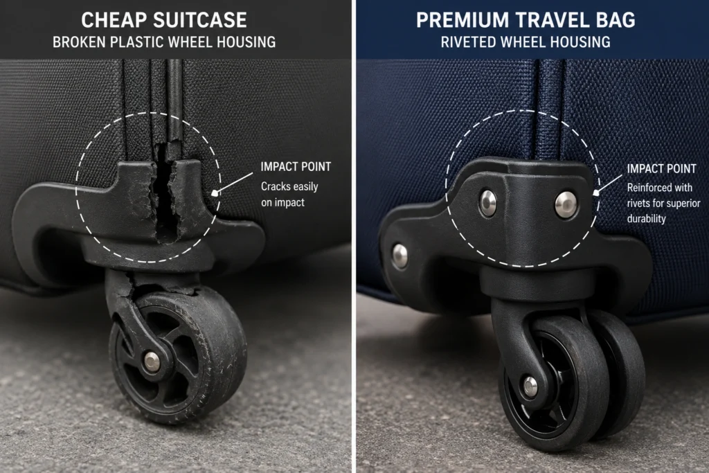 Close up view comparing a broken cheap plastic caster wheel with a durable double-wheel system on a piece of travel luggage