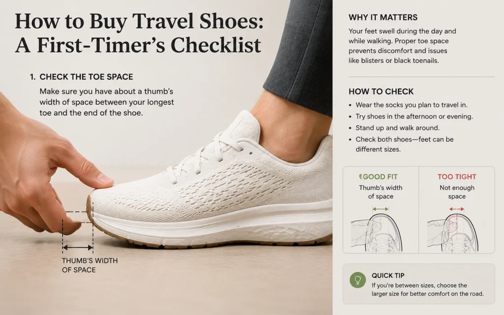 Proper shoe fit measurement showing thumb's width space between toe and shoe end