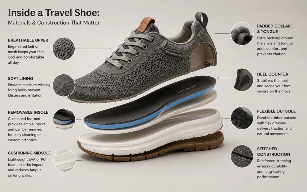 Close-up of travel shoe showing leather upper, cushioned midsole, and rubber outsole construction