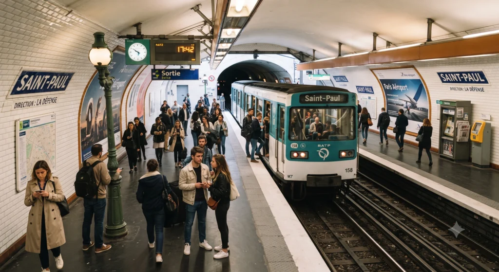 A busy Paris Metro station with commuters waiting on the platform.