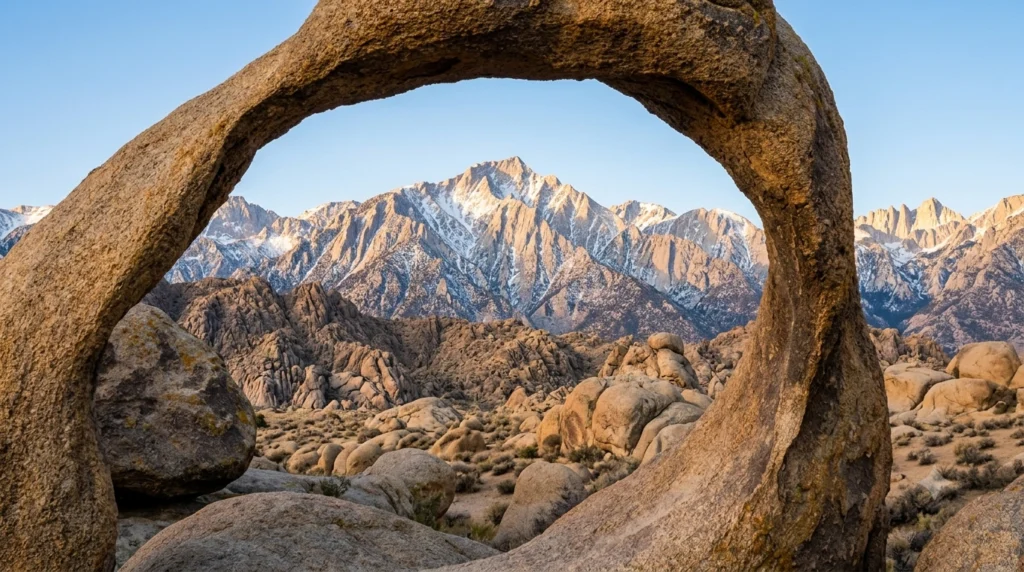 The granite span of Mobius Arch framing Mount Whitney in the Alabama Hills along Highway 395.