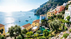 Clifftop pastel houses of Positano overlooking the Tyrrhenian Sea on Italy's Amalfi Coast.