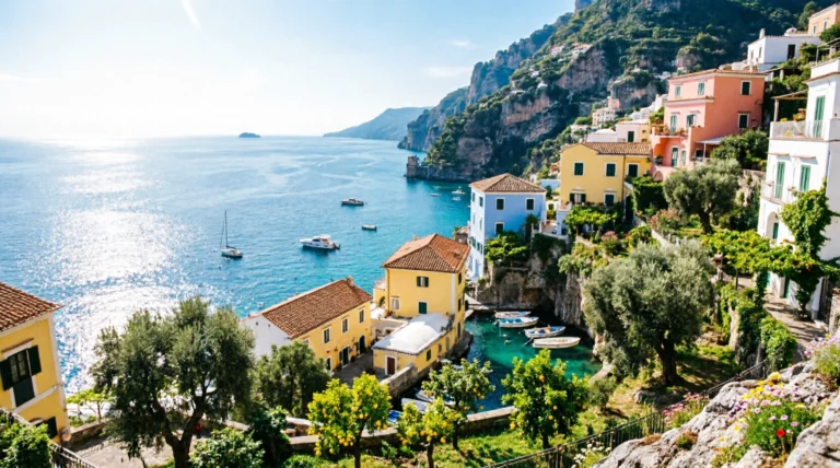 Clifftop pastel houses of Positano overlooking the Tyrrhenian Sea on Italy's Amalfi Coast.