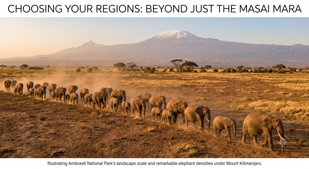 Herd of African elephants dusting themselves on the dry plains of Amboseli with Mount Kilimanjaro behind