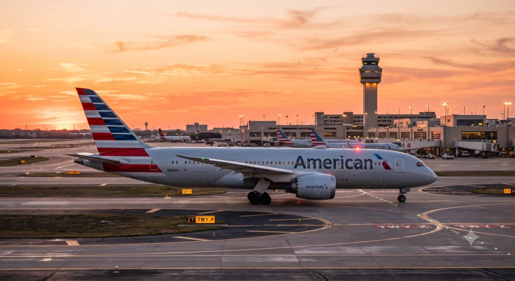 American Airlines Advantage Review: Is It Worth Your Loyalty? (2026 Guide) 231 American Airlines Boeing 787 aircraft on airport runway at sunset representing the AAdvantage loyalty program network.
