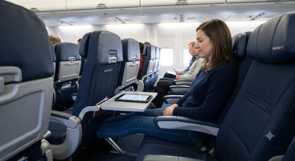 American Airlines Advantage Review: Is It Worth Your Loyalty? (2026 Guide) 232 Main Cabin Extra seating area inside an American Airlines passenger plane.