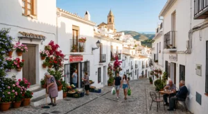 Narrow cobbled street in a whitewashed Andalusian village with flower pots and mountain views