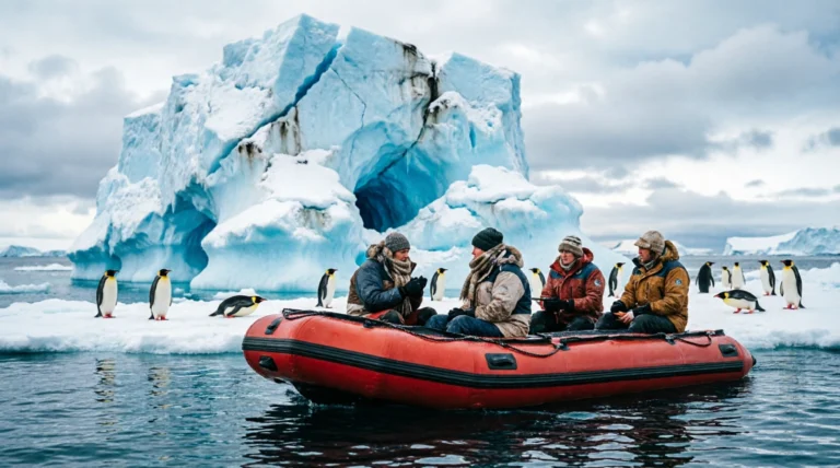 Family on an expedition Zodiac boat navigating near blue icebergs in Antarctica