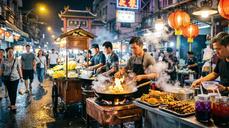 Street vendors cooking fresh seafood over open fires in Bangkok Chinatown.