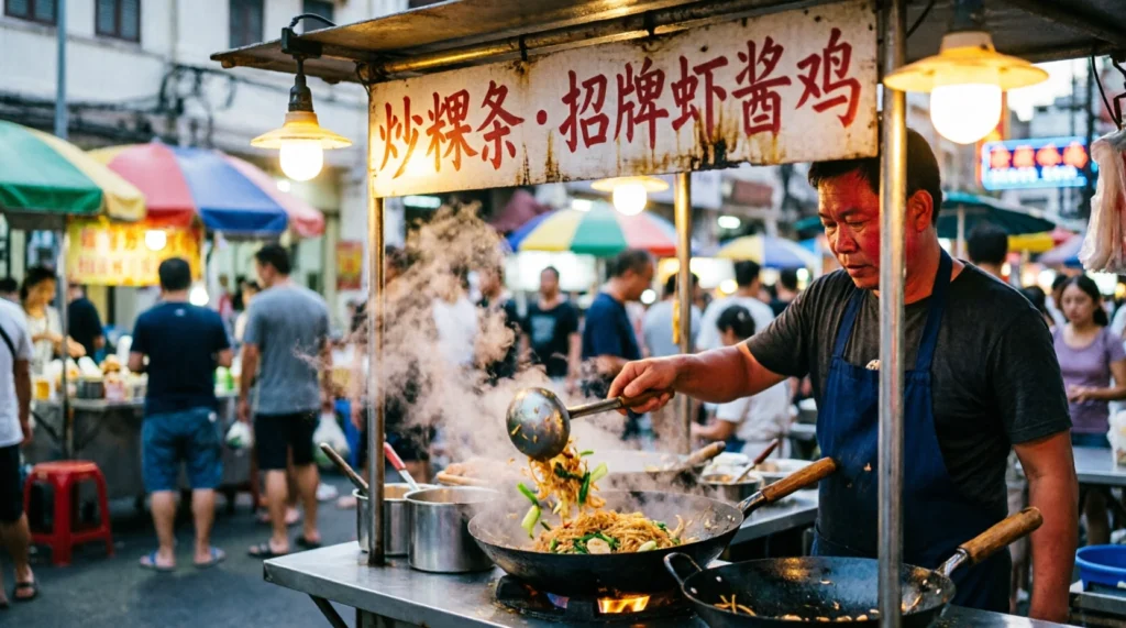 A busy Asian night market food stall serving freshly cooked wok dishes under street lamps.