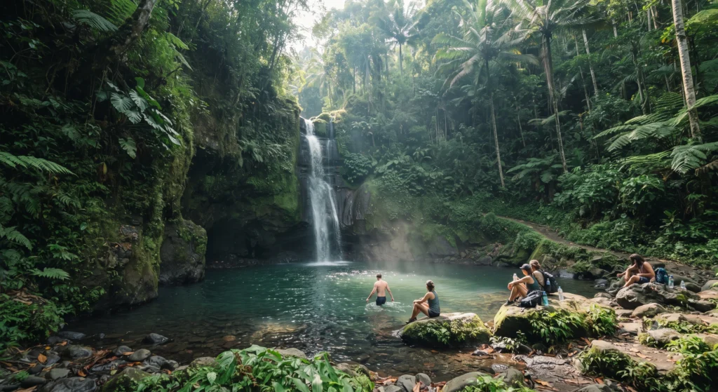Jungle waterfall in northern Bali with visitors swimming in the pool below.