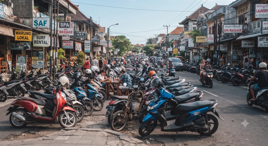 Bali Motorbike Rules for Tourists: What You Must Know Before Booking 232 Rows of parked motorbikes and scooters along a street in Bali with local driver.