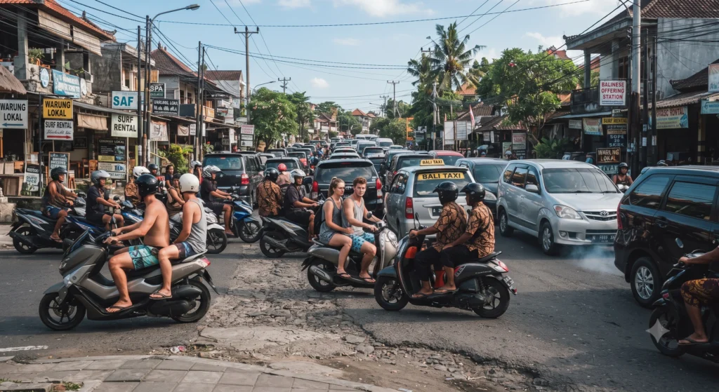 Dense traffic jam on a narrow Bali street with tourists and locals riding scooters alongside cars.